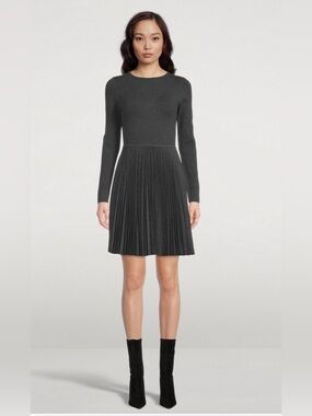 Theory Charcoal Long-Sleeve Pleated Knit Dress